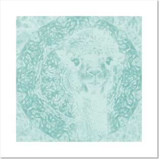 Happy Ghostly alpaca and mandala in Limpet Shell Blue Posters and Art